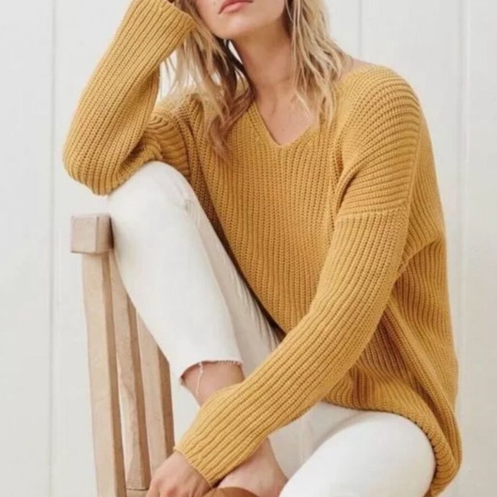 Jenni Kayne Cotton Cabin Knit Pullover Sweater Oversized Mustard Yellow